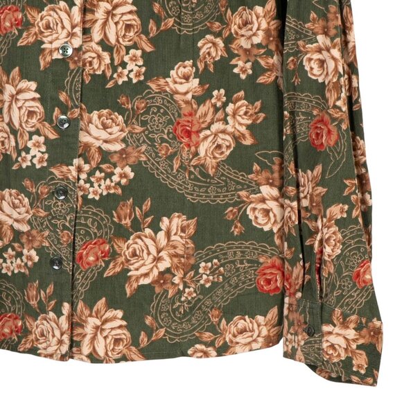 Erika Y2K Corduroy Button Up Shirt XL Green Floral 90s Paisley VNeck Grunge - Picture 3 of 5